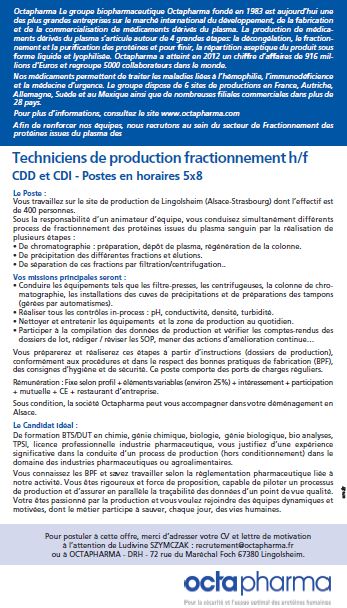 OCTAPHARMA recrute Techniciens de production fractionnement h/f