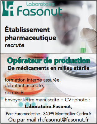 Laboratoire Fasonut recrute Opérateur de production De médicaments en milieu stérile