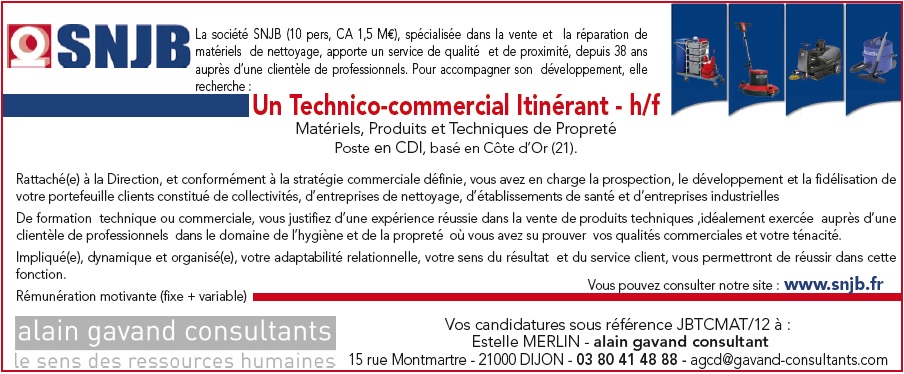 Alain Gavand Consultants / SNJB recrute TECHNICO COMMERCIAL ITINÉRANT H/F