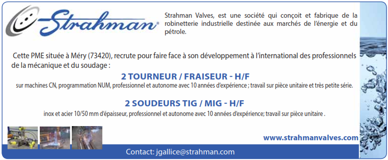 STRAHMAN VALVES France recrute Tourneur / Fraiseur (H/F)