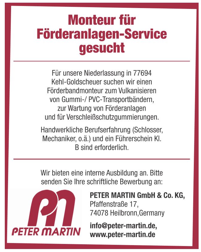 PETER recrute MONTEUR FÜR FÖRDERANLAGE-SERVICE H/F