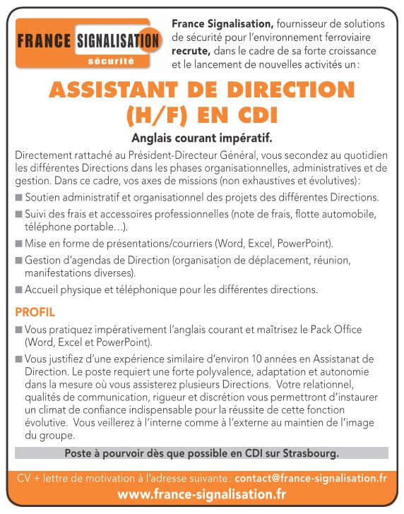 FRANCE SIGNALISATION recrute 1 Assistante de Direction en CDI H/F