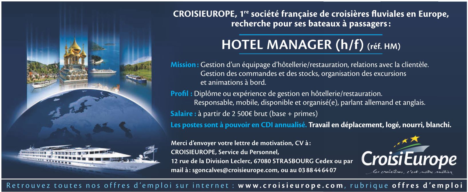 CROISIEUROPE recrute HOTEL MANAGER