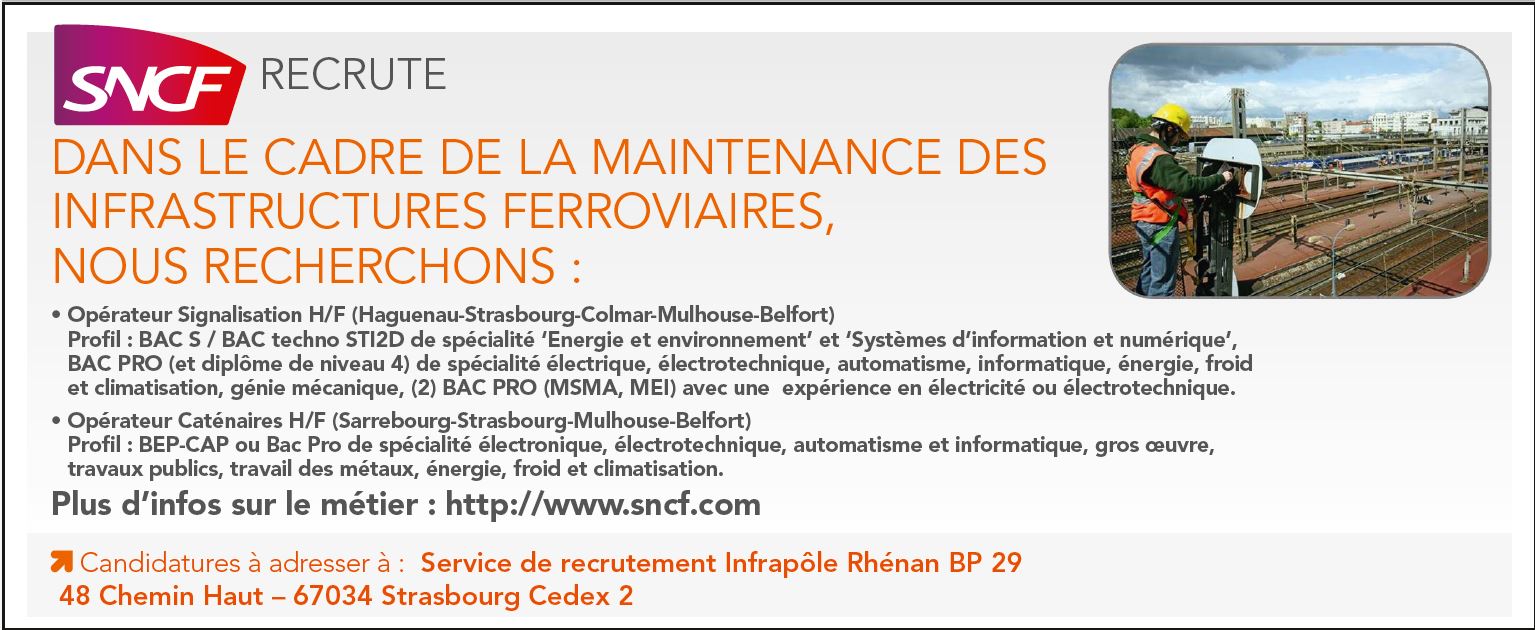 SNCF INFRAPOLE RHENAN recrute OPERATEUR CATENAIRES h/f