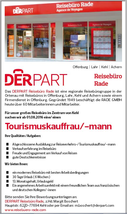 DERPART REISEBÜRO RADE recrute Tourismuskauffrau/-mann