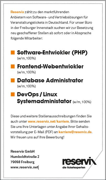 Reservix GmbH recrute Frontend-Webentwickler (w/m, 100%)