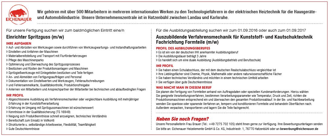 Eichenauer Heizelemente GmbH & Co. KG recrute Auszubildende Verfahrensmechanik für Kunststoff- und Kautschuktechnik Fachrichtung Formteile (m/w)