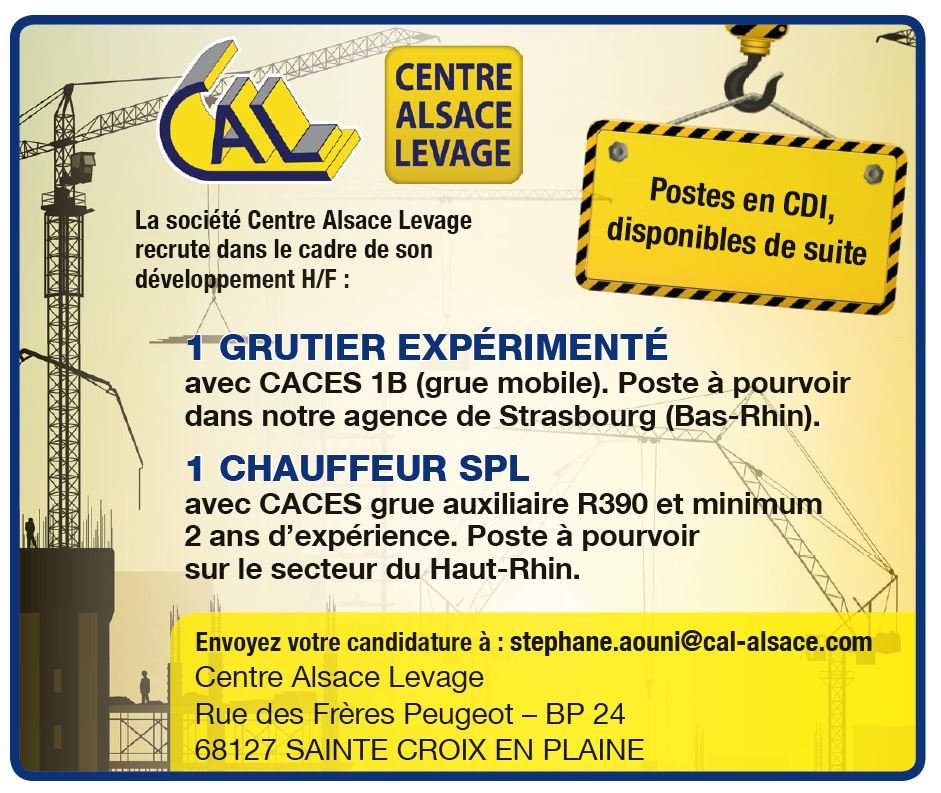 Centre Alsace Levage recrute 1 GRUTIER EXPERIMENTE EN CDI H/F
