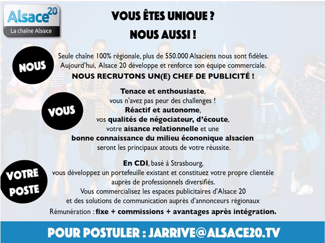 ALSACE 20 recrute 1 CHEF DE PUBLICITE h/f