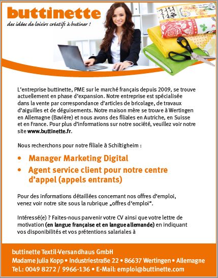 buttinette Textil-Versandhaus GmbH recrute Agent service client pour centre d'appel H/F