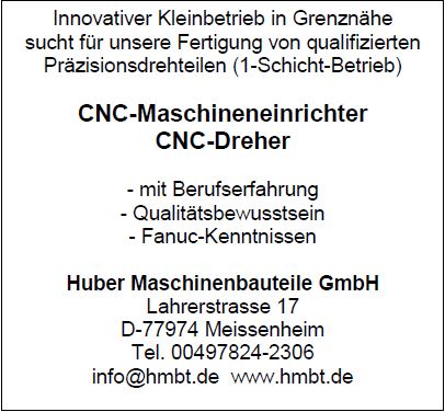 Huber Maschinenbauteile recrute CNC-Maschineneinrichter