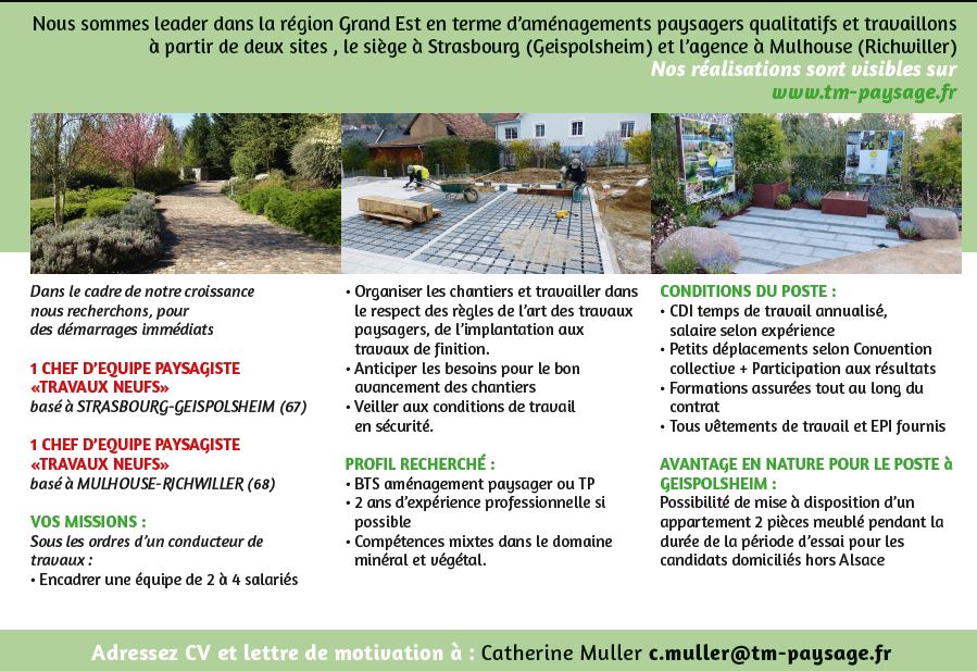 Thierry Muller - Espace Vert recrute CHEF D’EQUIPE PAYSAGISTE H/F