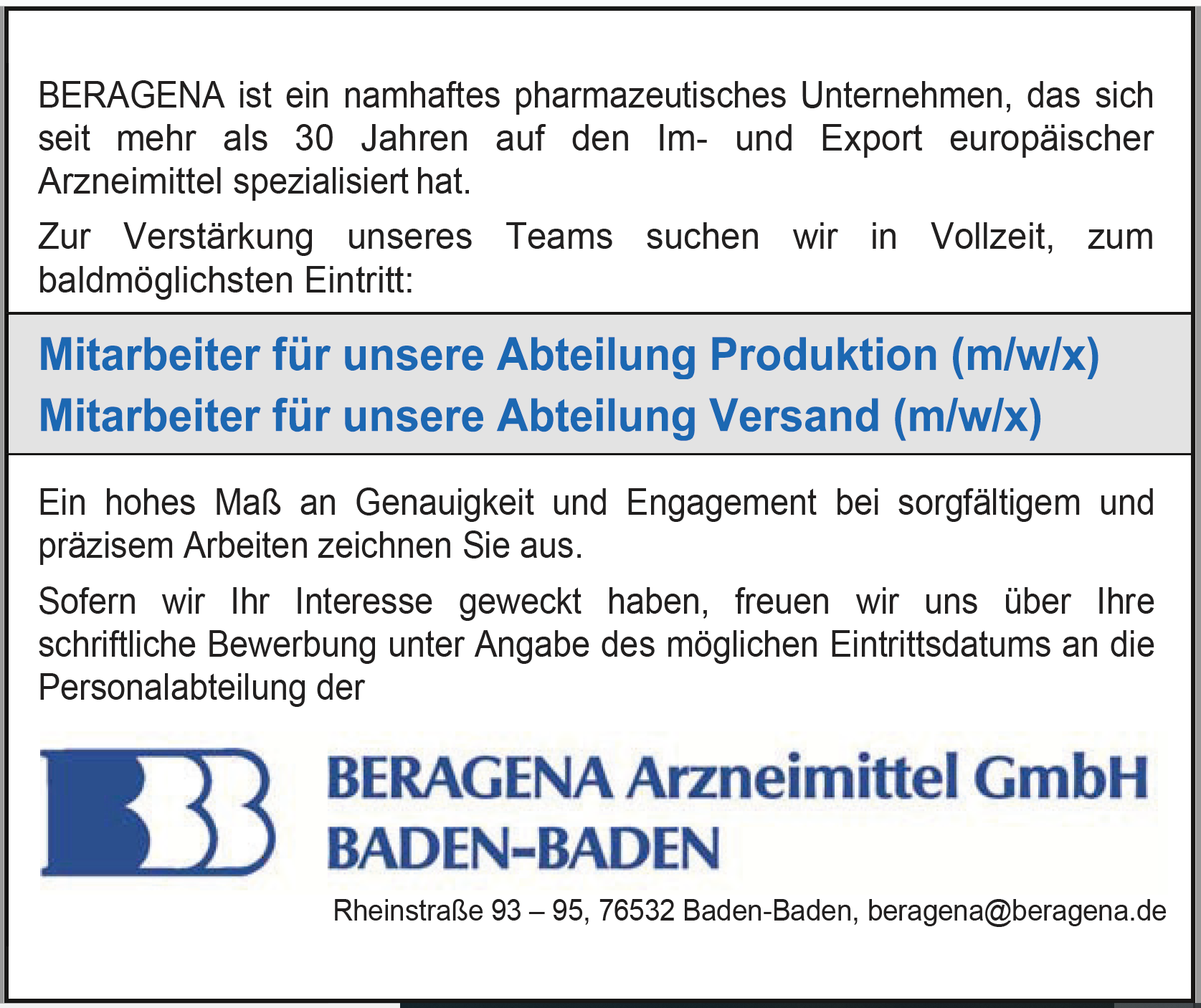 BERAGENA Arzneimittel GmbH recrute Mitarbeiter für unsere Abteilung Produktion (m/w/x)