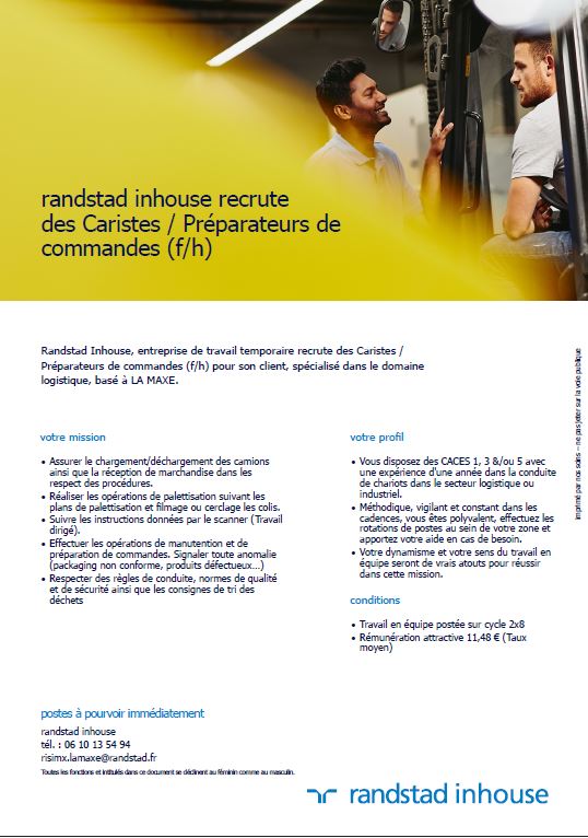 RANDSTAD INHOUSE recrute CARISTES / PREPARATEURS DE COMMANDES H/F
